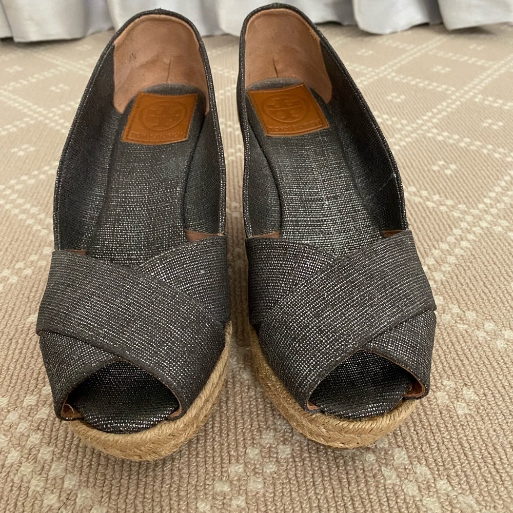 Tory Burch Filipa Shimmer Linen in Pewter Wedge Espadrille